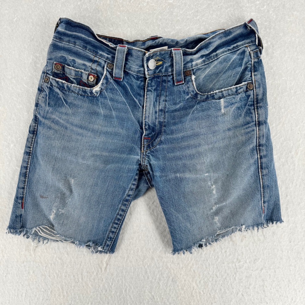VTG True Religion - Old Bobby Cut Off Denim Shorts Distressed Blue 32 Mens